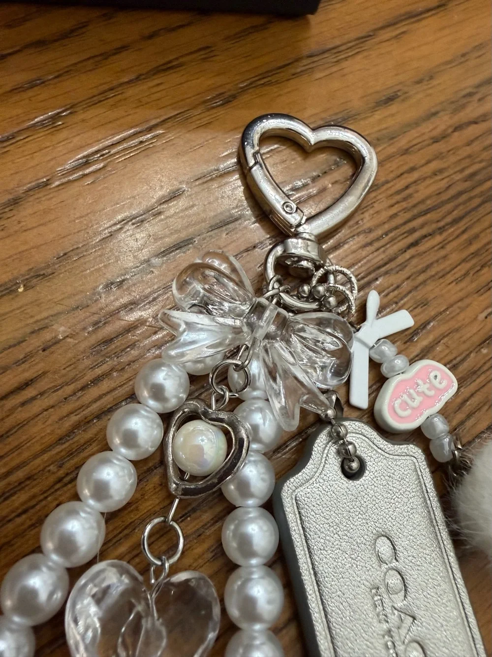 COACH Silver Hang Tag & White Pearl Charm Keychain with Heart, Bows and Pom